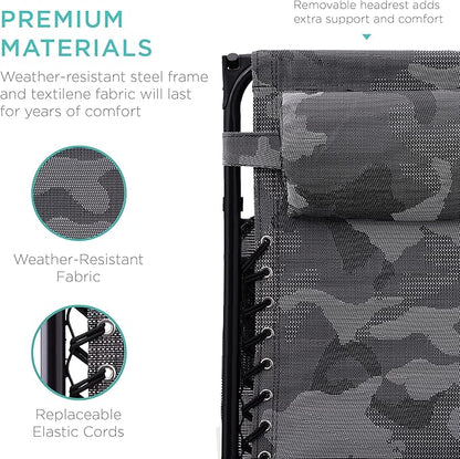 Best Choice Products Folding Zero Gravity Outdoor Recliner Patio Lounge Chair w/Adjustable Canopy Shade, Headrest, Side Accessory Tray, Textilene Mesh - Camouflage