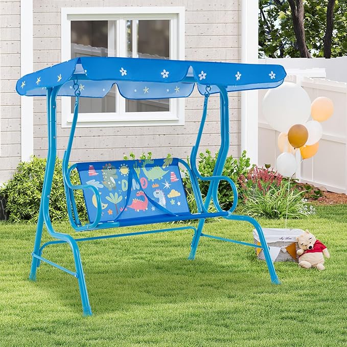 Costzon Kids Porch Swing, All-Weather Patio Swing Bench Hammock w/Adjustable Canopy & Safety Belts for 2 Children - Photo 7