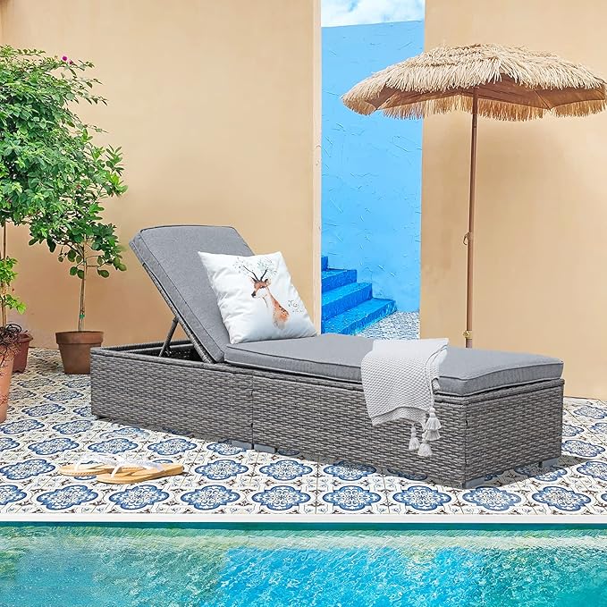 Patiorama Outdoor Patio Chaise Lounge Chair, Elegant Reclining Adjustable Pool Rattan Chaise Lounge Chair with Cushion, Grey PE Wicker, Steel Frame, for Deck, Poolside, Backyard (Light Grey)