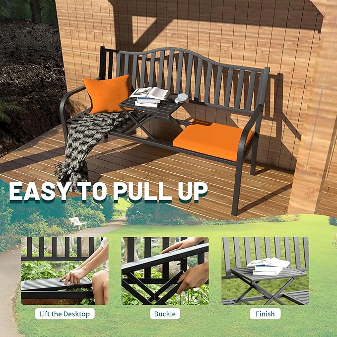 2 in 1 Metal Bench Patio Bench, Outdoor Benches Weatherproof with Folding Middle Table - Photo 5