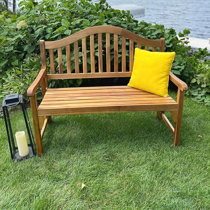 Foldable Acacia Wood Garden Bench, 4 Foot Indoor/Outdoor Wooden Porch, Patio, & Park Seating, Curved Backrest and Armrest, 48" Wide x 24-3/4" Deep x 41" High, Teak Color