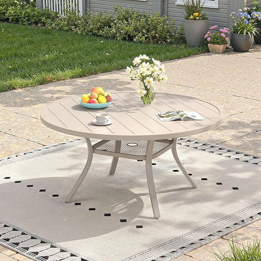 47.2" Patio Dining Table for 6, Round Outdoor Metal Dining Table with Umbrella Hole for Lawn Garden Backyard, Sandshell