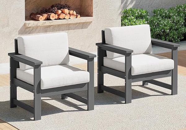 SERWALL 2 Pieces Single Cushioned Sofa Chair, Grey HDPE Outdoor Adirondack Lounge Armchair with Khaki Cushion - Photo 1
