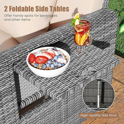 Tangkula Patio Rattan Daybed with 4-Level Adjustable Backrest, Outdoor PE Wicker Loveseat with Storage Ottoman & Folding Side Table, Double Sunbed for Balcony, Backyard & Poolside, Beige & Grey