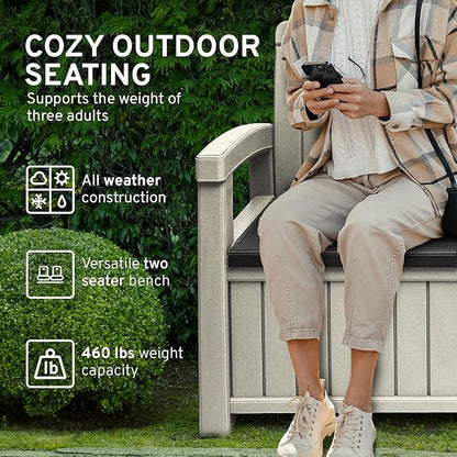 EconoHome 2 Seat Outdoor Storage Bench with Rain Cover - 60 Gallon Capacity - Weatherproof Resin Bench for Patio, Porch, Garden, Yard, Pool Area - Furniture for Pool Accessories, Gardening Tools