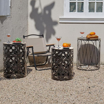 Y&M Set of 3 Patio Side Table for Living Room,Indoor End Tables for Bedroom, Outdoor Garden Stool with Heavy Duty Metal Frame Modern Industrial Decor - Black with Bronze