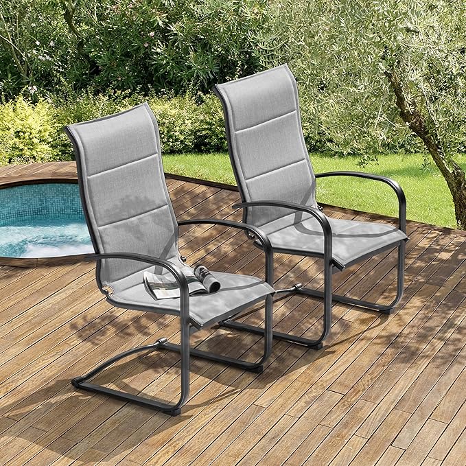 NUU GARDEN Patio Dining Chairs Set of 2, All Weather Outdoor Padded Textilene Patio Chairs, Breathable Spring Motion Textile High Back Outdoor Dining Chairs for Backyard, Lawn, Deck, Gray