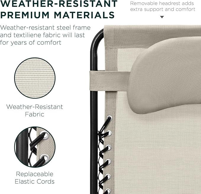 Best Choice Products Oversized Zero Gravity Chair, Folding Outdoor Patio Lounge Recliner w/Cup Holder Accessory Tray, Pillow - Ivory