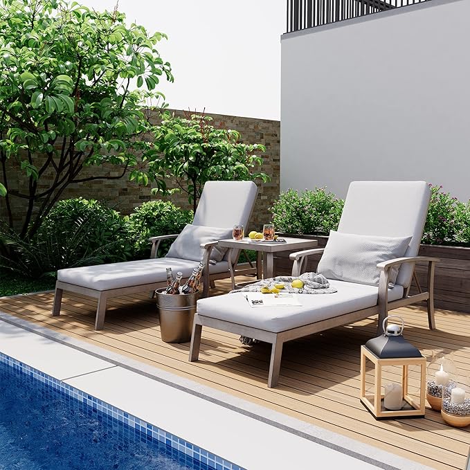 HAPPATIO Aluminum Patio Chaise Lounge Set 3 Pieces, Aluminum Patio Lounge Chair with Side Table, Pool Lounge Chair with Cushions for Patio Deck Poolside (Gray)