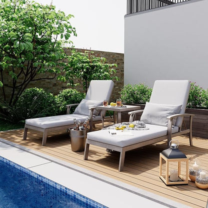 HAPPATIO Aluminum Patio Chaise Lounge Set 3 Pieces, Aluminum Patio Lounge Chair with Side Table, Pool Lounge Chair with Cushions for Patio Deck Poolside (Gray)
