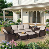 6 Piece Patio Wicker Conversation Set, All-Weather Use Outdoor Wicker Sofa with 2 PE Rattan Ottomans, 2 Chair - Photo 1