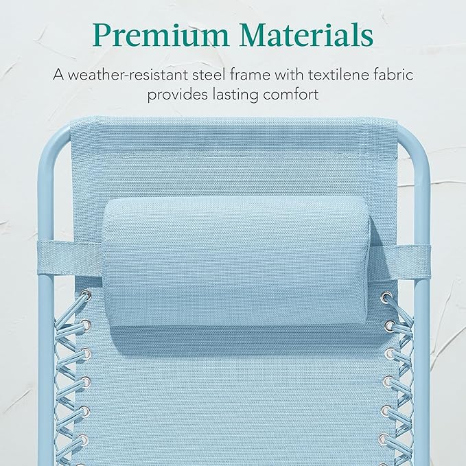 Best Choice Products Adjustable Zero Gravity Chair, Monochromatic Color Folding Patio Recliner w/Side Tray, Headrest - Sky