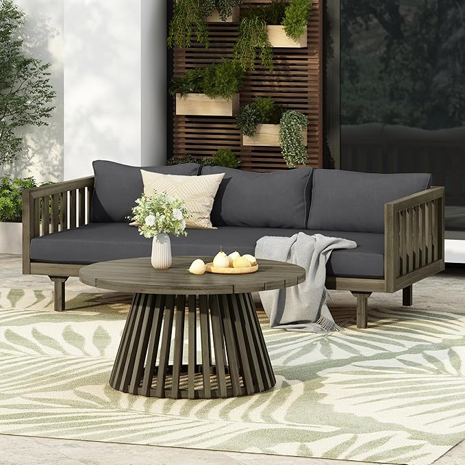 Merax Outdoor Acacia Wood Conversation Set - Patio 3-Seat Loveseat Sofa w/Coushion and Round Coffee Table for Backyard - Photo 1