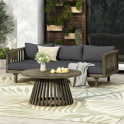Merax Outdoor Acacia Wood Conversation Set - Patio 3-Seat Loveseat Sofa w/Coushion and Round Coffee Table for Backyard, Lawn, Balcony, Gray