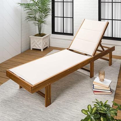 JONATHAN Y LNG1103A Lagunan 77.17"x26.38" Modern Minimalist Foldable Adjustable Wood Chaise Outdoor Lounge Chair, for Pool, Deck, Poolside, White/Natural