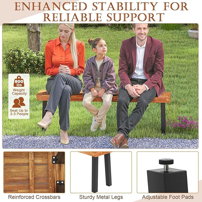 HAPPYGRILL Outdoor Acacia Wood Bench Set, 2-3 People Garden Benches with Slatted Top & Flared Metal Legs, Patio Dining Benches for Porch, Park & Backyard
