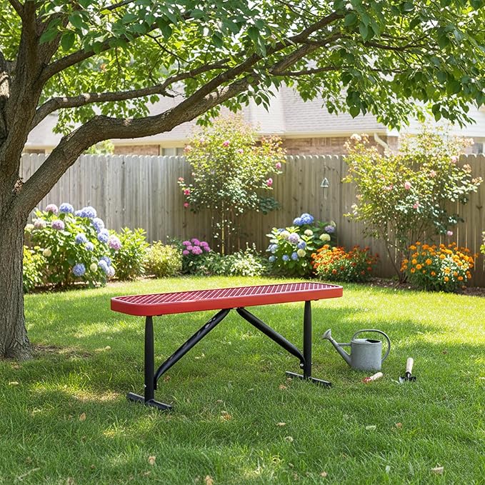 4FT Metal Park Bench for Outside, All-Weather Thermoplastic Coating Outdoor Bench with Anchor, Commercial Heavy Duty Benches for Shopping Malls, Stores, Parks, Patios, Decks, Red