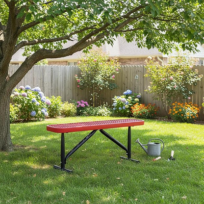 4FT Metal Park Bench for Outside, All-Weather Thermoplastic Coating Outdoor Bench with Anchor, Commercial Heavy Duty Benches for Shopping Malls, Stores, Parks, Patios, Decks, Red