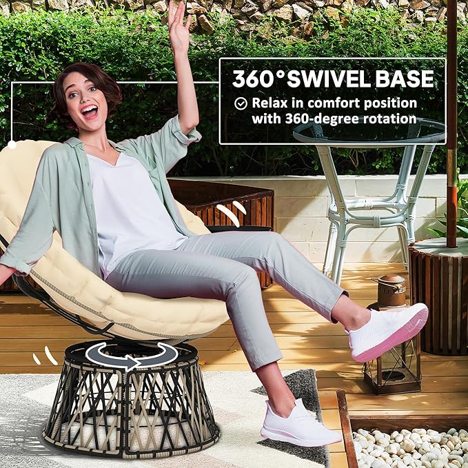 Outsunny 39" Outdoor Papasan Chair with Side Tray, 360° Swivel Overstuffed Circle Chair with Thickened Cushion, Wicker Lounger with Steel Frame for Indoor, Patio, Beige