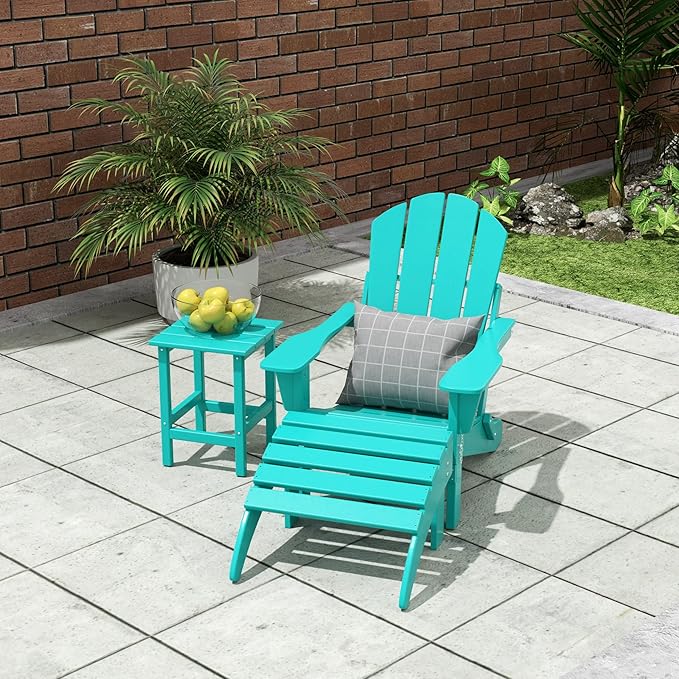 WO Home Furniture 3pc Set - HDPE Poly Adirondack Chair with Ottoman/Footrest and Square Side Table, All Weather and UV Resistant for Outdoor Patio Backyard, Garden, Turquoise