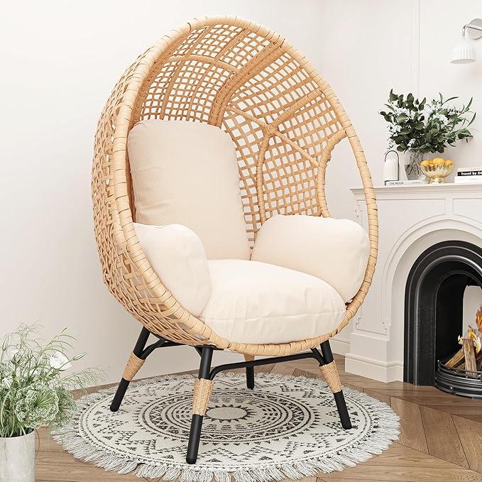 Oversized Wicker Egg Chair Outdoor Indoor Rattan Patio Egg Lounge Chairs with Cushion 500lbs Capacity for Living Room, Balcony, Backyard(Beige)