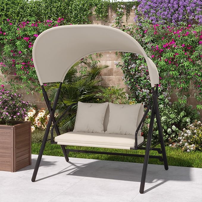 AECOJOY Outdoor Porch Swings for Adults 600LBS 2 Seat Patio Swings with Canopy Stand Thick Cushion Pillows Metal Steel - Photo 8