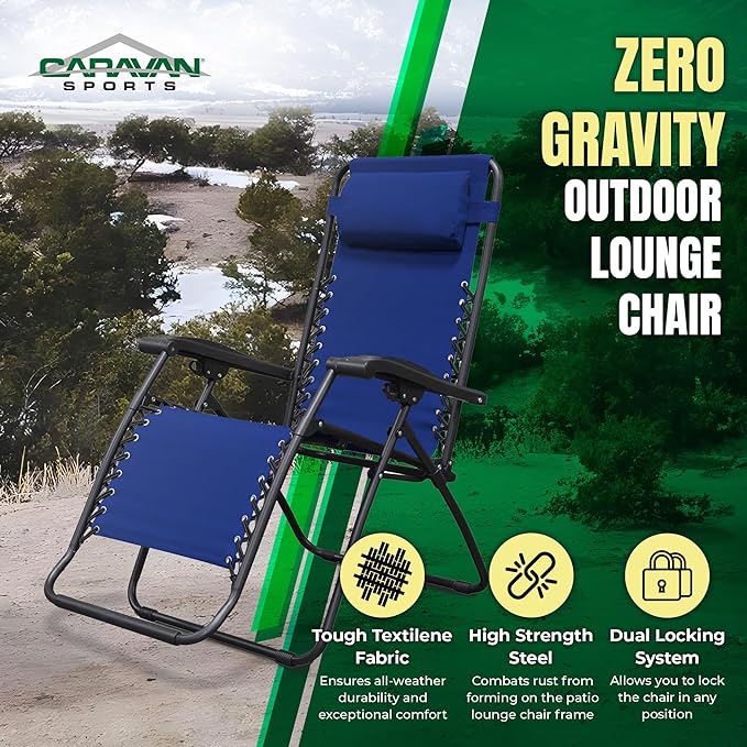 Caravan Sports Zero Gravity Outdoor Portable Folding Camping Lawn Deck Patio Pool Recliner Lounge Chair for Adults, Adjustable Headrest, Blue