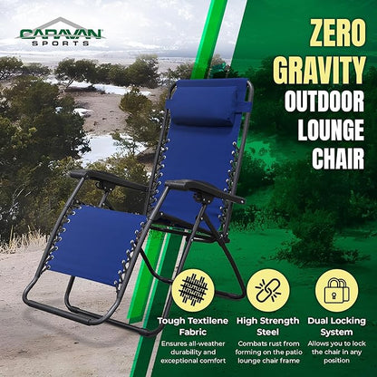 Caravan Sports Zero Gravity Outdoor Portable Folding Camping Lawn Deck Patio Pool Recliner Lounge Chair for Adults, Adjustable Headrest, Blue