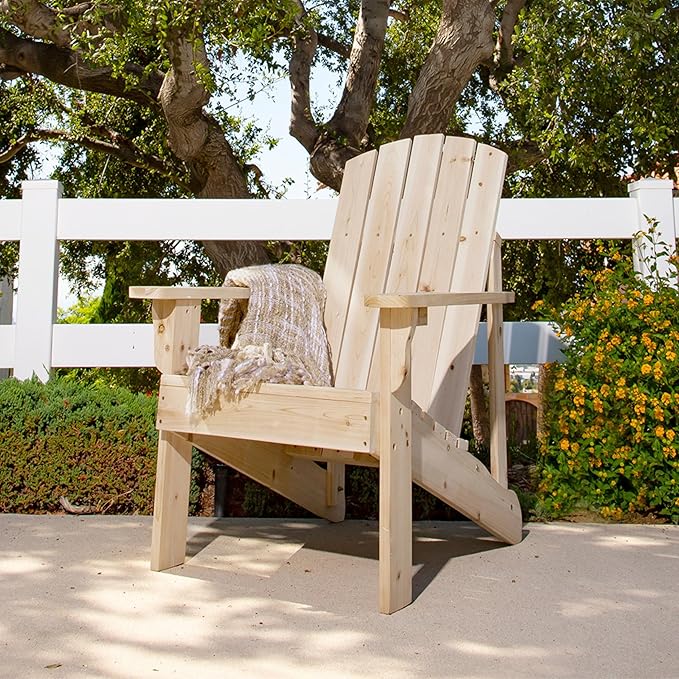 Shine Company Mid-Century Modern Wooden Adirondack Chair, Outdoor Patio Firepit Chairs, Back & Seat Pre-Assembled, Natural