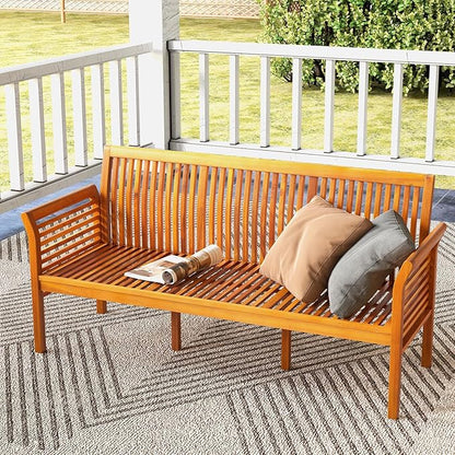 HAPPYGRILL 3-Person Outdoor Bench Acacia Wood Porch Bench, Garden Bench with High Backrest, Curved Armrests & Seat Cushion for Backyard Deck Patio Poolside