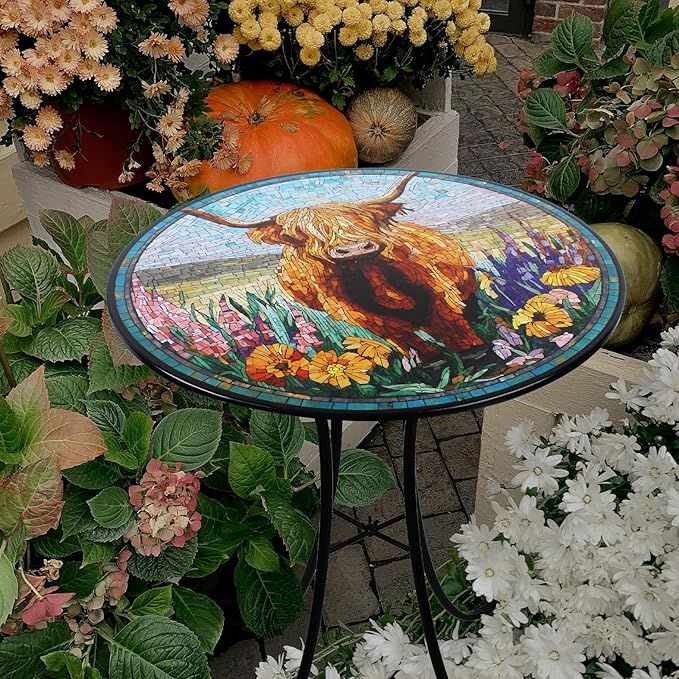 18" Outdoor Side Table, Highland Cattle Round Accent Table, Metal Indoor Small End Tables, Plant Stand Tables for Patio Yard Balcony Garden Bedside
