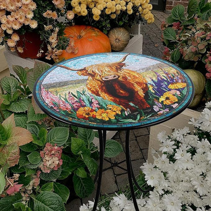 18" Outdoor Side Table, Highland Cattle Round Accent Table, Metal Indoor Small End Tables, Plant Stand Tables for Patio Yard Balcony Garden Bedside