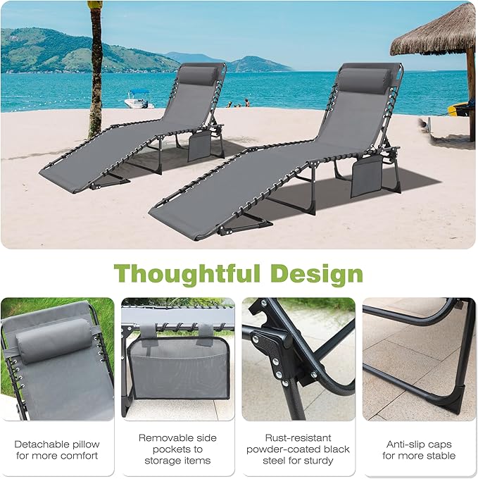 BlueWish 2 Pack Patio Chaise Lounges, Folding Lounge Chair with Adjustable Backrest, Outdoor Chaise Lounge with Removable Pillow & Side Pockets for Poolside, Beach, Garden, Grey