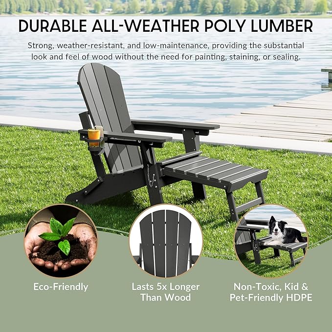 WestinTrends Malibu Folding Adjustable Adirondack Chair with Retractable Ottoman and Cup Holder (Set of 2), Gray - Photo 6