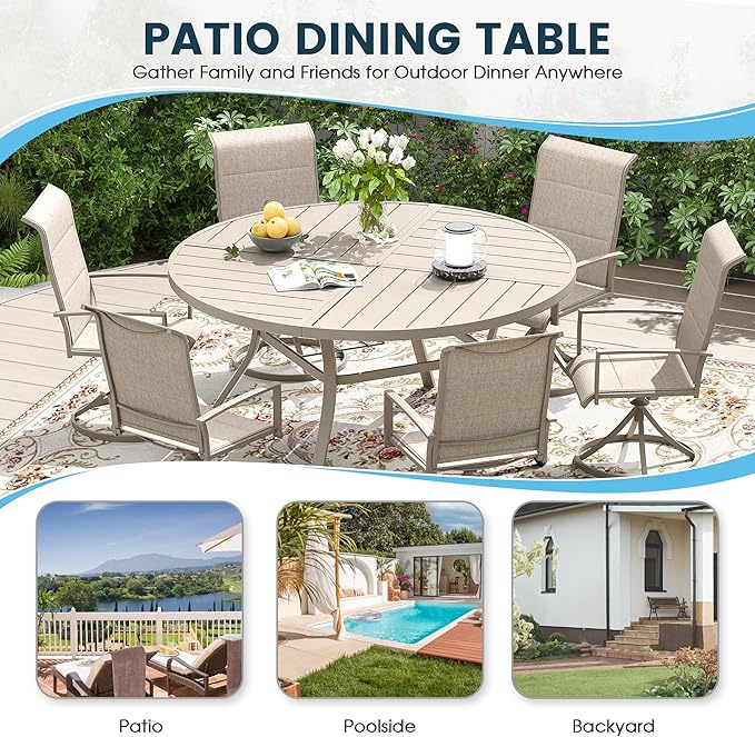 Patio Dining Table for 6-8, Round Metal Outdoor Table with Storage Shelf, 1.57" Umbrella Hole, 53" Outdoor Quartered Tabletop Dining Table for Backyard, Porch, Lawn, Sand