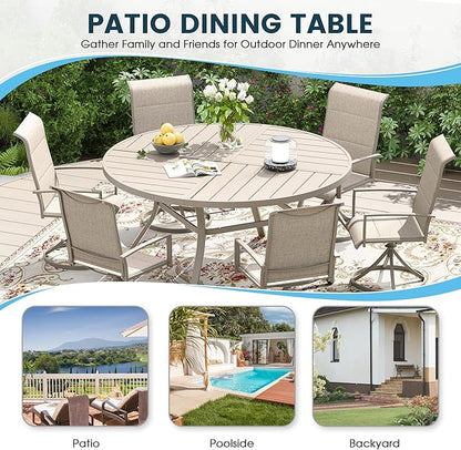 Patio Dining Table for 6-8, Round Metal Outdoor Table with Storage Shelf, 1.57" Umbrella Hole, 53" Outdoor Quartered Tabletop Dining Table for Backyard, Porch, Lawn, Sand
