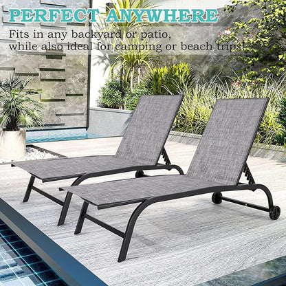 EROMMY Patio Chaise Lounge Chair Set of 2 with Table, Adjustable Backrest & Wheels, Oversized 26" W Outdoor Poolside Recliners for Garden, Deck, Lawn, Backyard