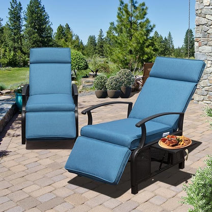 Domi Adjustable Patio Recliner Chair Metal Outdoor Lounge Chair with Flip Table Push Back, Adjustable Angle, Removable Cushions, Support 350lbs, Navy Blue