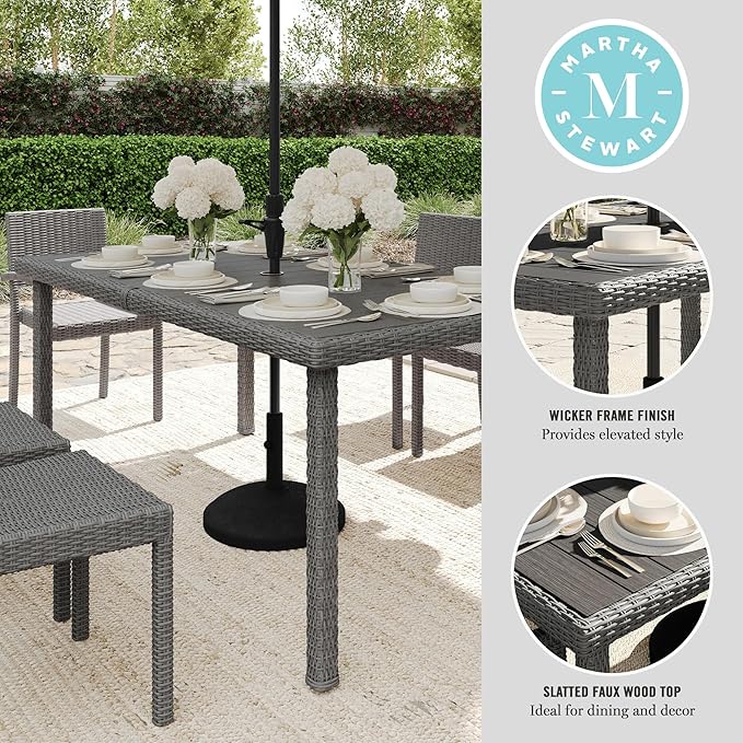 Martha Stewart Bedford 71" Indoor-Outdoor Patio Table with Faux Wood Top and Rattan Wicker Finish in Brown