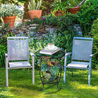 Outdoor Side Table Round Small Mosaic Patio Accent Indoor End Plant Coffee Tea Table for Yard Patio Porch Garden Living Room, Bedroom (Monster Leaf Style,14 Inch)