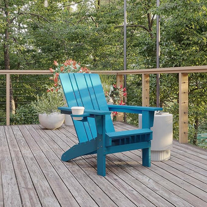 Flash Furniture Halifax Adirondack Chairs with Cup Holders, Weather Resistant Poly Resin Adirondack Chairs, Set of 4, Blue