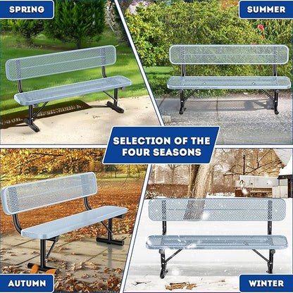 6Ft Heavy Duty Park Bench with Back Portable Frame, Outdoor Steel Bench with Backrest, Expanded Metal Mesh Bench for Lawn, Park, Deck, Garden, Patio, Porch, Grey