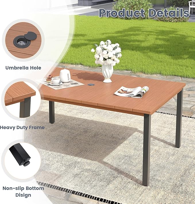 VICLLAX Outdoor Patio Dining Table for 6, 63" Rectangle Dining Table with Umbrella Hole for Porch, Backyard, Garden - Photo 6