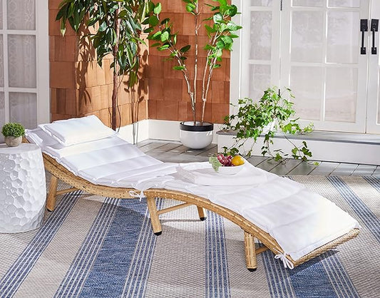 SAFAVIEH Outdoor Collection Colley Natural Wicker/White Cushion Adjustable Recliner Chaise Lounge Chair (PAT7722D)