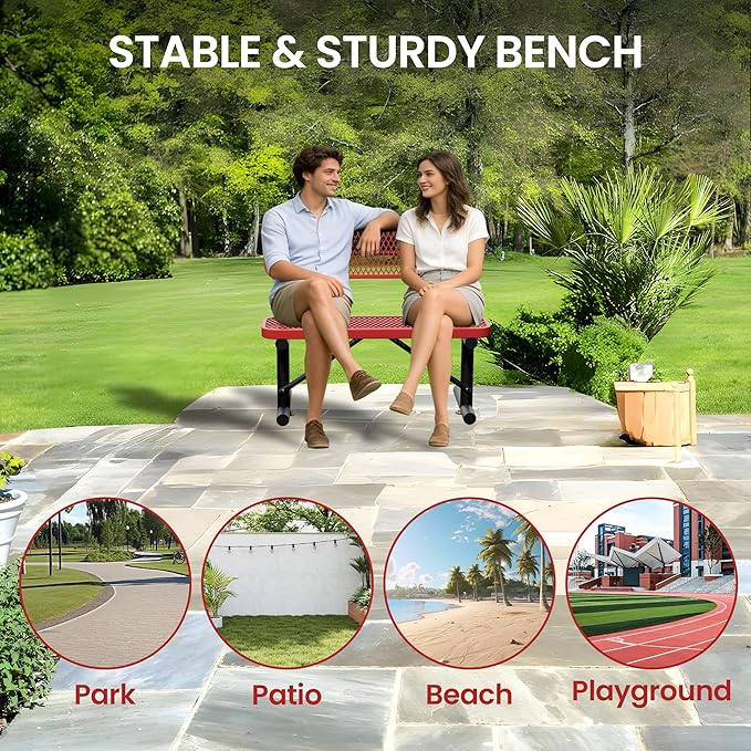 4 Feet Steel Park Bench for Outside, Outdoor Bench with Backrest & Portable Frame, Commercial Benches for Shopping Malls, Stores, Parks, Patios, Decks, Red