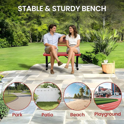 4 Feet Steel Park Bench for Outside, Outdoor Bench with Backrest & Portable Frame, Commercial Benches for Shopping Malls, Stores, Parks, Patios, Decks, Red