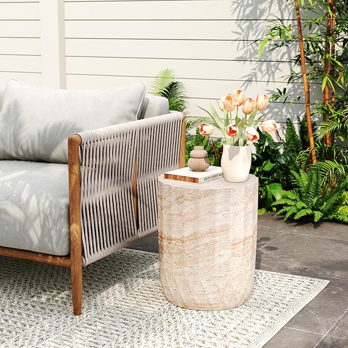 Outdoor Side Table Faux Marble End Table Faux Stone Side Tables Travertine Small Coffee Tables for Indoor Outdoor, Garden Stool Plant Stand for Porch, Backyard Patio, Barrel