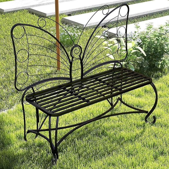 Black Butterfly Garden Bench with Backrest, Outdoor Metal Bench for Front Porch, Patio, Park, Outside, 2 Seat, All Weather (Black, 48")