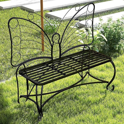 Black Butterfly Garden Bench with Backrest, Outdoor Metal Bench for Front Porch, Patio, Park, Outside, 2 Seat, All Weather (Black, 48")