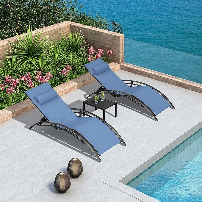 PURPLE LEAF Patio Chaise Lounge Chair Set with 2 Side Table Outdoor Pool Adjustable Recliner Chairs for Outside Beach Poolside Sunbathing Tanning Lounger